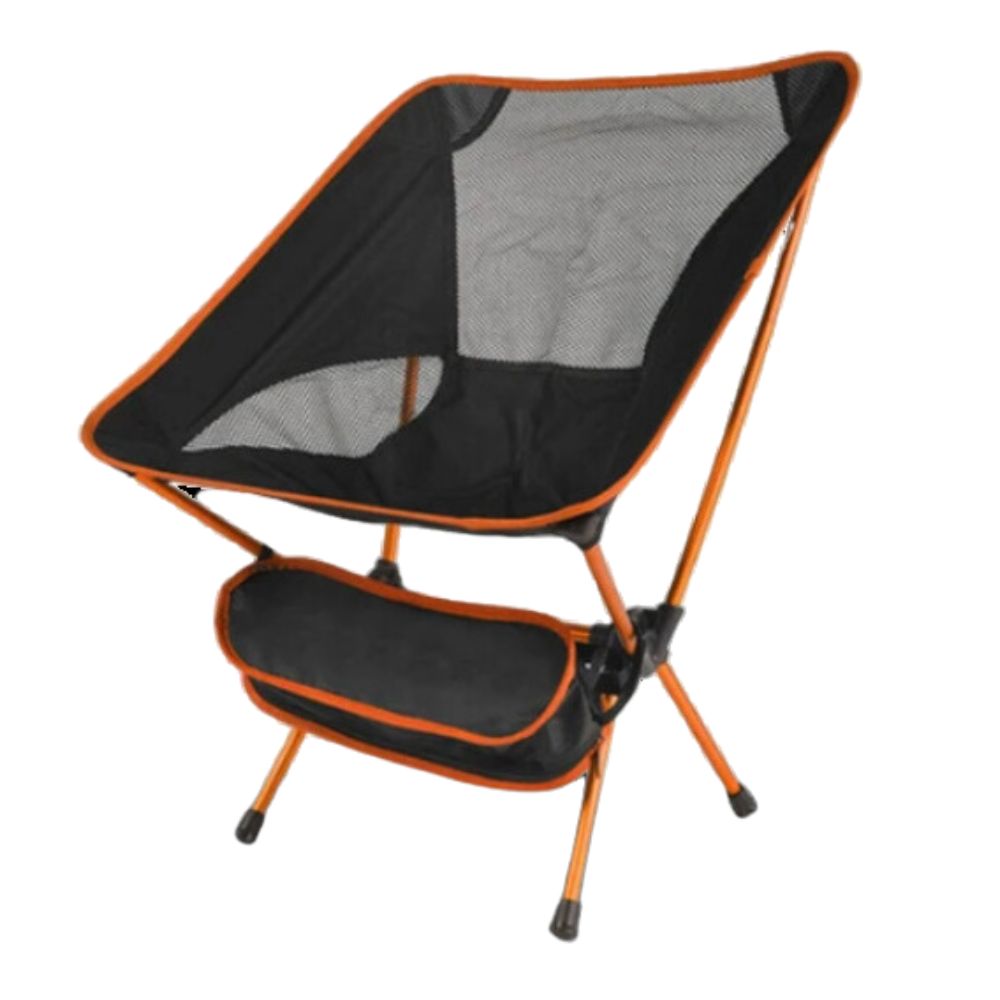 Chaise de camping orange confortable et pliable, parfaite pour le camping, la pêche et la randonnée.