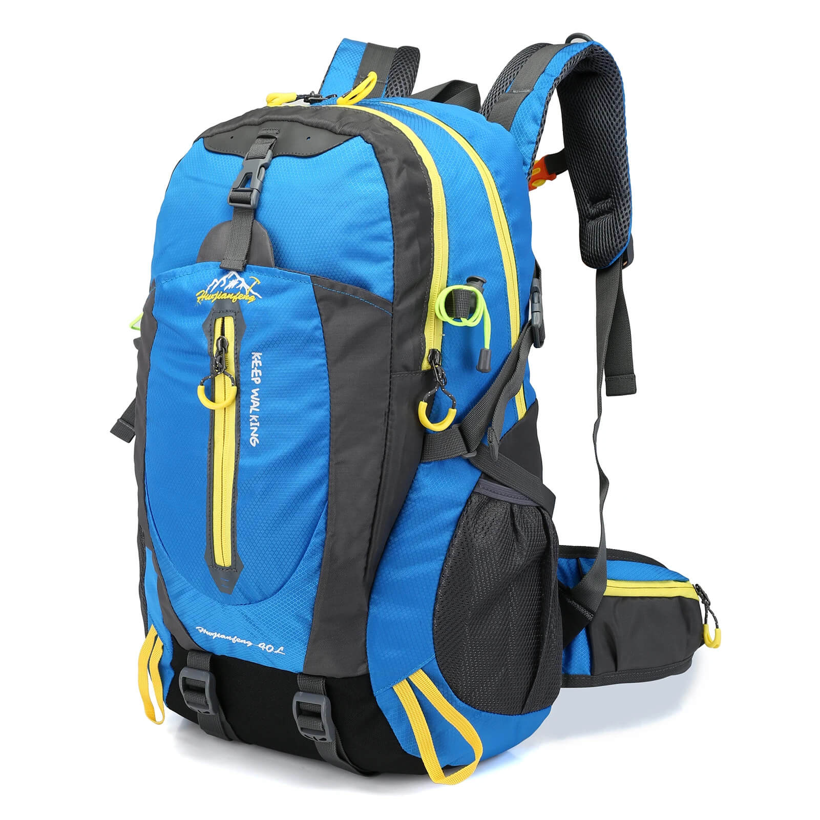 Sac à dos trekking 40L bleu ergonomique avec ceinture et sangle de poitrine réglables pour plus de stabilité et de confort durant vos longues randonnées.