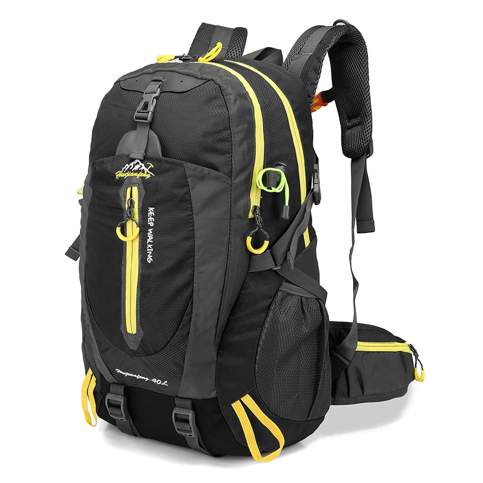 Sac à dos trekking 40L noir imperméable en nylon, conçu pour protéger vos affaires de l'humidité et des intempéries.