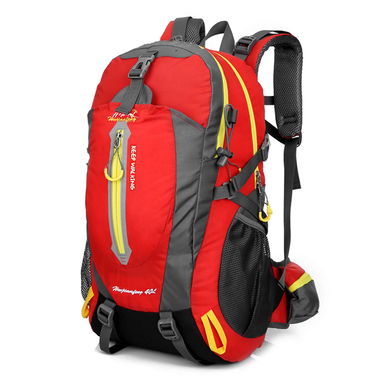 Sac à dos trekking 40L rouge pratique avec sangles latérales et accessoires pour transporter votre matériel de camping, idéal pour les expéditions outdoor.