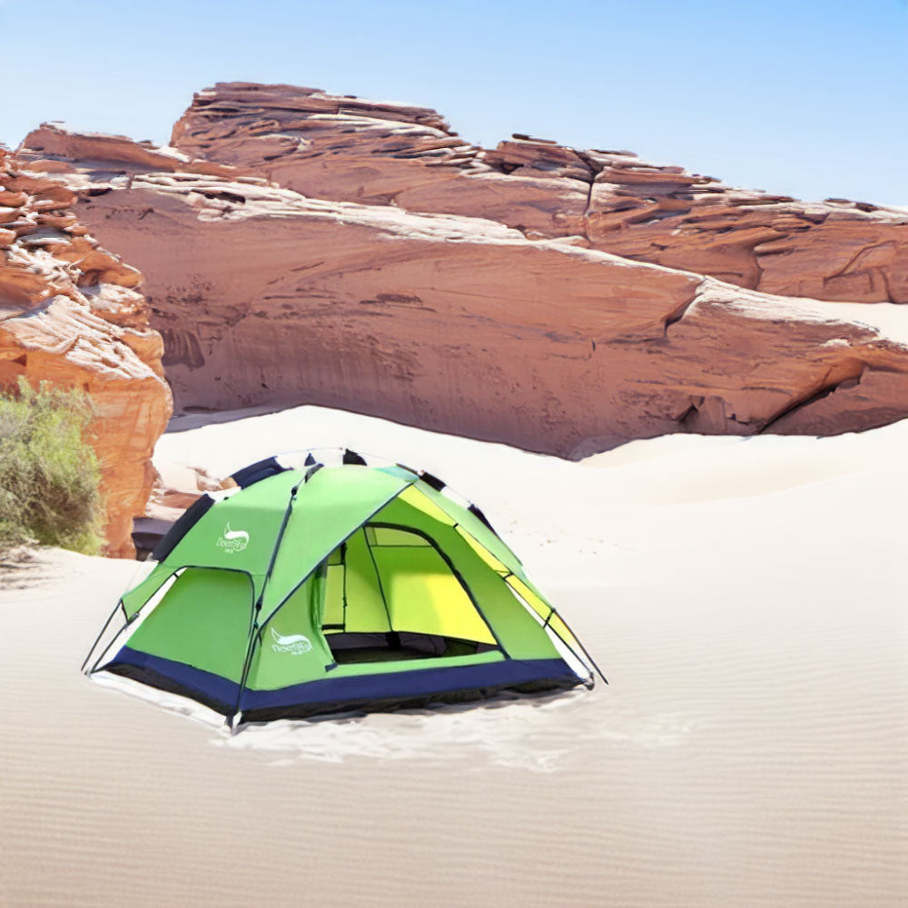 Tente camping verte spacieuse pour 3-4 personnes, pratique et résistante, offratnt confort et praticité